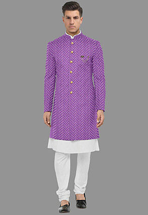 Embroidered Georgette Sherwani in Light Purple and White