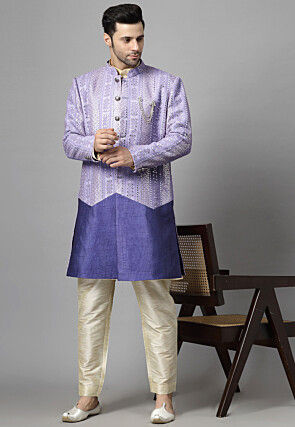 Embroidered Georgette Long Jacket in Light Purple