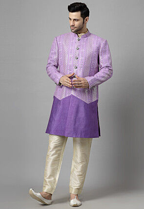 Embroidered Georgette Sherwani in Light Purple