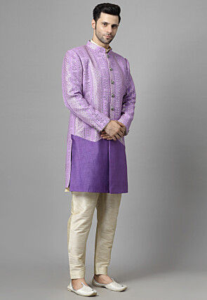 Embroidered Georgette Sherwani in Light Purple