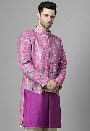 Embroidered Georgette Long Jacket in Magenta