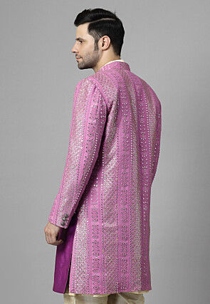 Embroidered Georgette Long Jacket in Magenta