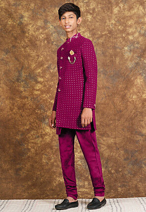 Embroidered Georgette Sherwani in Magenta