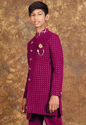 Embroidered Georgette Sherwani in Magenta