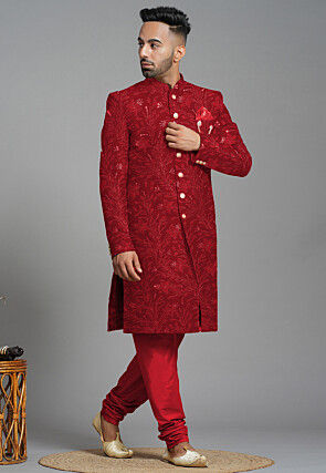 Embroidered Georgette Sherwani in Maroon