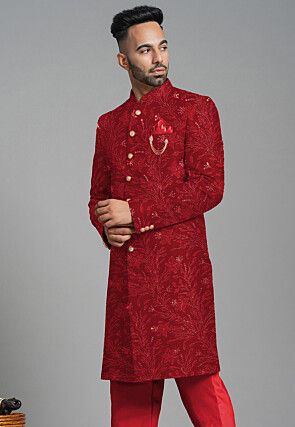 Embroidered Georgette Sherwani in Maroon