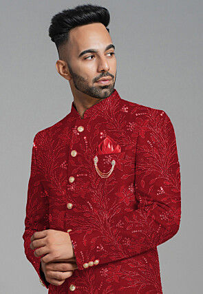 Embroidered Georgette Sherwani in Maroon