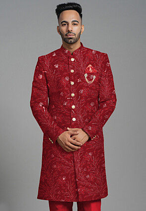 Embroidered Georgette Sherwani in Maroon