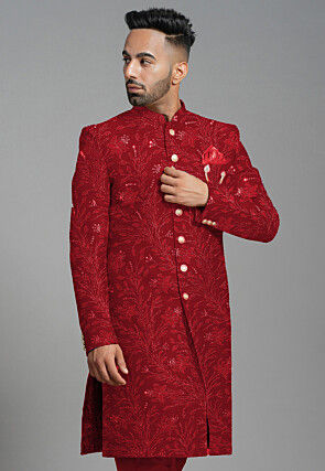 Embroidered Georgette Sherwani in Maroon