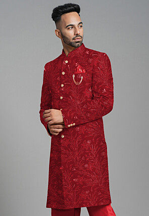 Embroidered Georgette Sherwani in Maroon