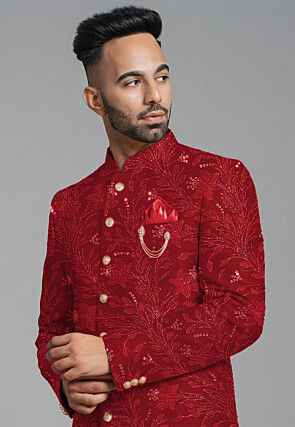 Embroidered Georgette Sherwani in Maroon