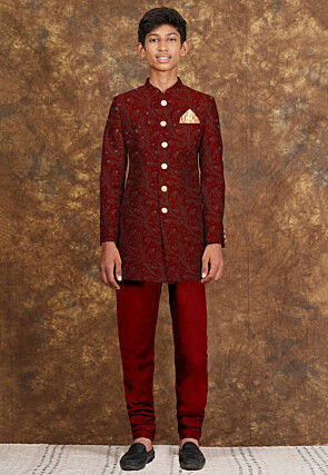 Embroidered Georgette Sherwani in Maroon
