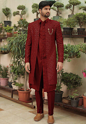 Embroidered Georgette Sherwani in Maroon