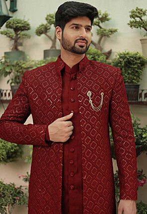 Embroidered Georgette Sherwani in Maroon