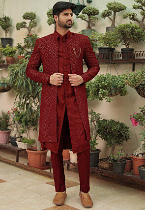 Embroidered Georgette Sherwani in Maroon