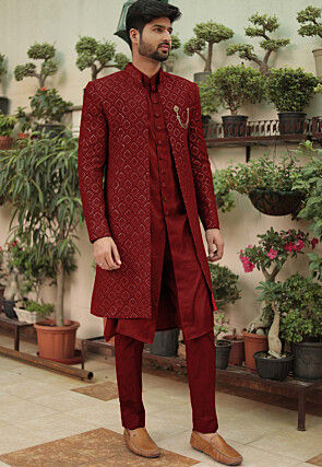 Embroidered Georgette Sherwani in Maroon