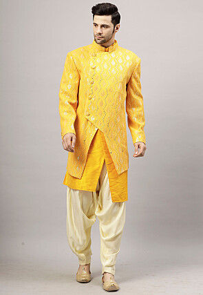 Embroidered Georgette Sherwani in Mustard