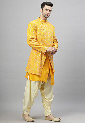 Embroidered Georgette Sherwani in Mustard