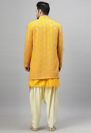 Embroidered Georgette Sherwani in Mustard