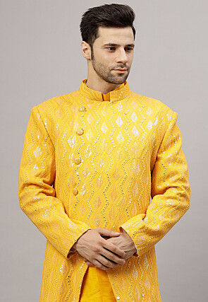 Embroidered Georgette Sherwani in Mustard