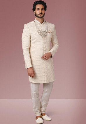 Embroidered Georgette Sherwani in Off White