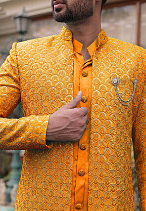 Embroidered Georgette Sherwani in Orange