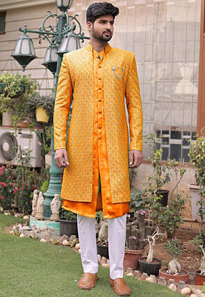 Embroidered Georgette Sherwani in Orange