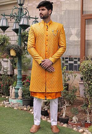 Embroidered Georgette Sherwani in Orange