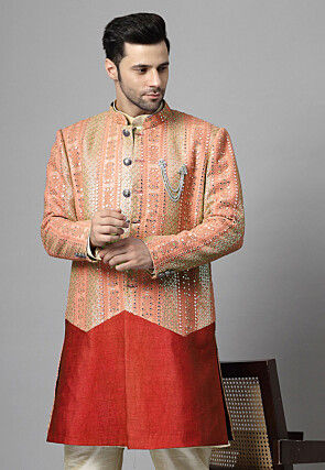 Embroidered Georgette Long Jacket in Orange