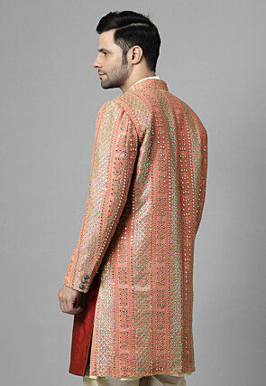 Embroidered Georgette Long Jacket in Orange