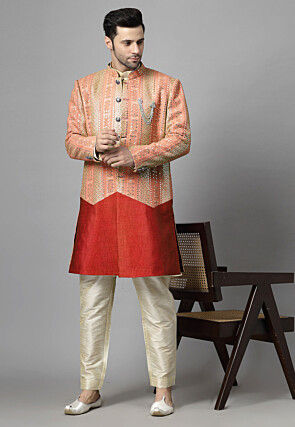 Embroidered Georgette Long Jacket in Orange
