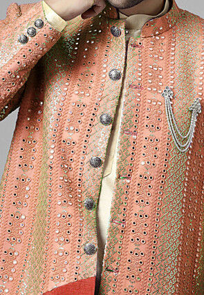 Embroidered Georgette Long Jacket in Orange