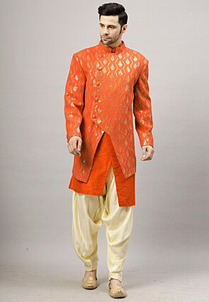 Embroidered Georgette Sherwani in Orange