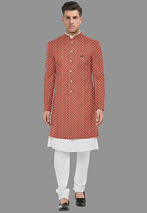 Embroidered Georgette Sherwani in Peach and White