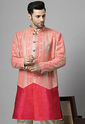 Embroidered Georgette Long Jacket in Peach