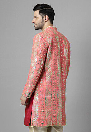 Embroidered Georgette Long Jacket in Peach