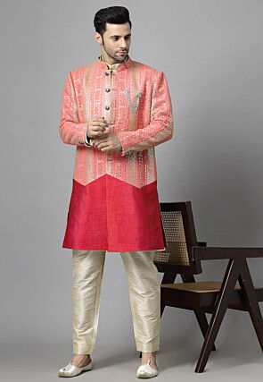 Embroidered Georgette Long Jacket in Peach