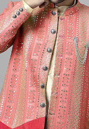 Embroidered Georgette Long Jacket in Peach