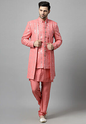 Embroidered Georgette Sherwani in Peach