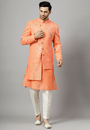 Embroidered Georgette Sherwani in Peach