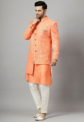 Embroidered Georgette Sherwani in Peach