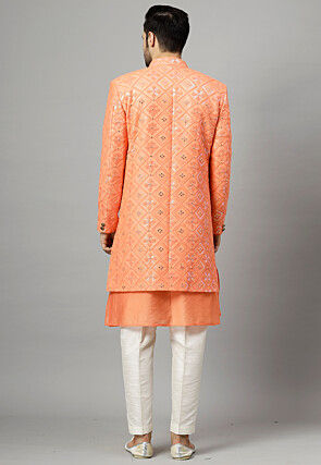 Embroidered Georgette Sherwani in Peach