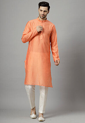 Embroidered Georgette Sherwani in Peach