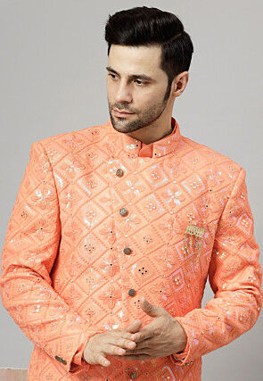 Embroidered Georgette Sherwani in Peach