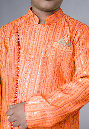 Embroidered Georgette Sherwani in Peach