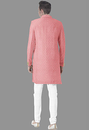 Embroidered Georgette Sherwani in Peach