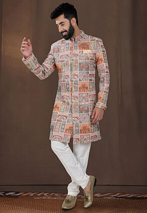 Embroidered Georgette Sherwani in Pink and Multicolor