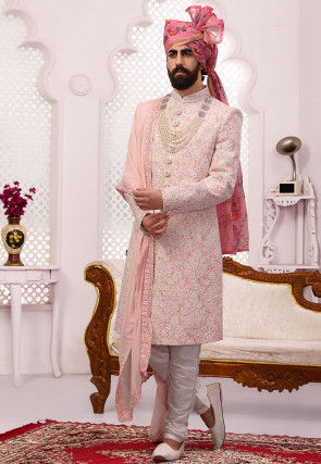 Embroidered Georgette Sherwani in Pink