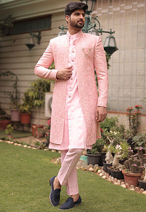 Embroidered Georgette Sherwani in Pink