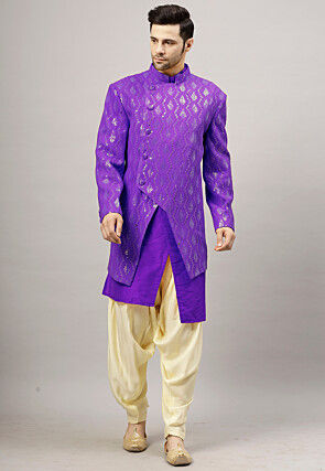Embroidered Georgette Sherwani in Purple